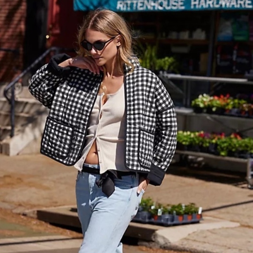 Free People Chloe quilted jacket in charcoal raven combo checkered - Picture 3 of 6